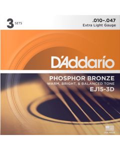 D'Addario EJ15-3D Phosphor Bronze Extra Light Acoustic Guitar Strings - 3 Pack